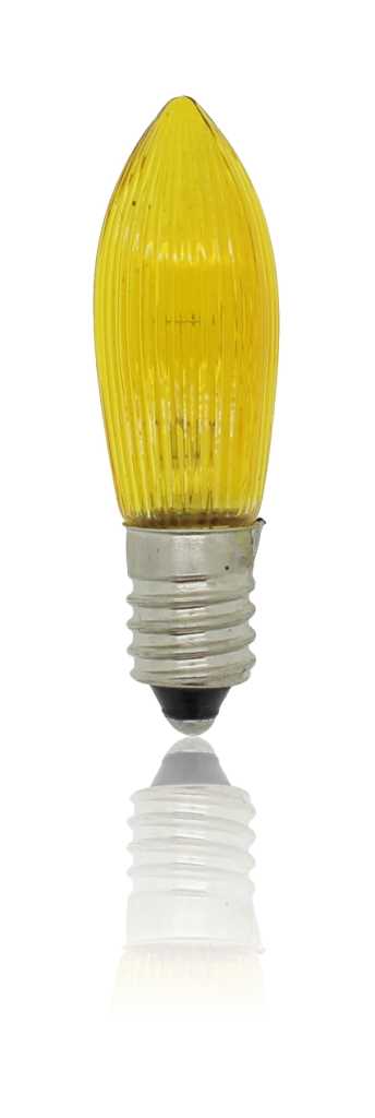 Gelbe, geriffelte Kerzenlampe mit Schraubsockel, freigestellt auf weißem Hintergrund