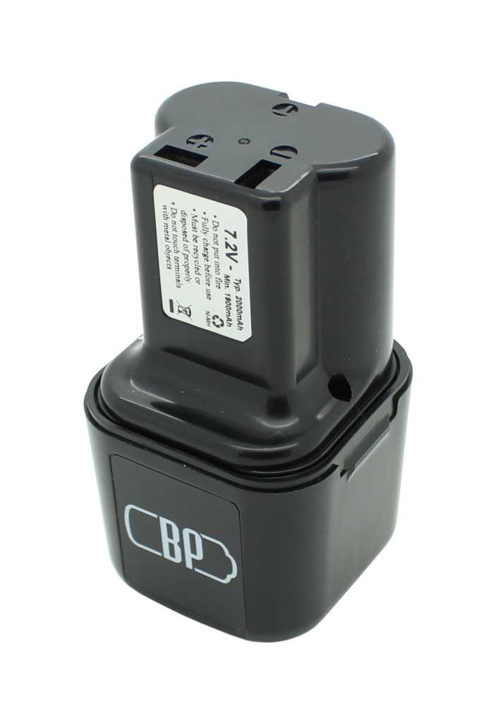 Schwarzer Werkzeugakku mit rechteckigem Sockel, Kontaktöffnungen oben und seitlichem Etikett sowie CBP-Logo vorne